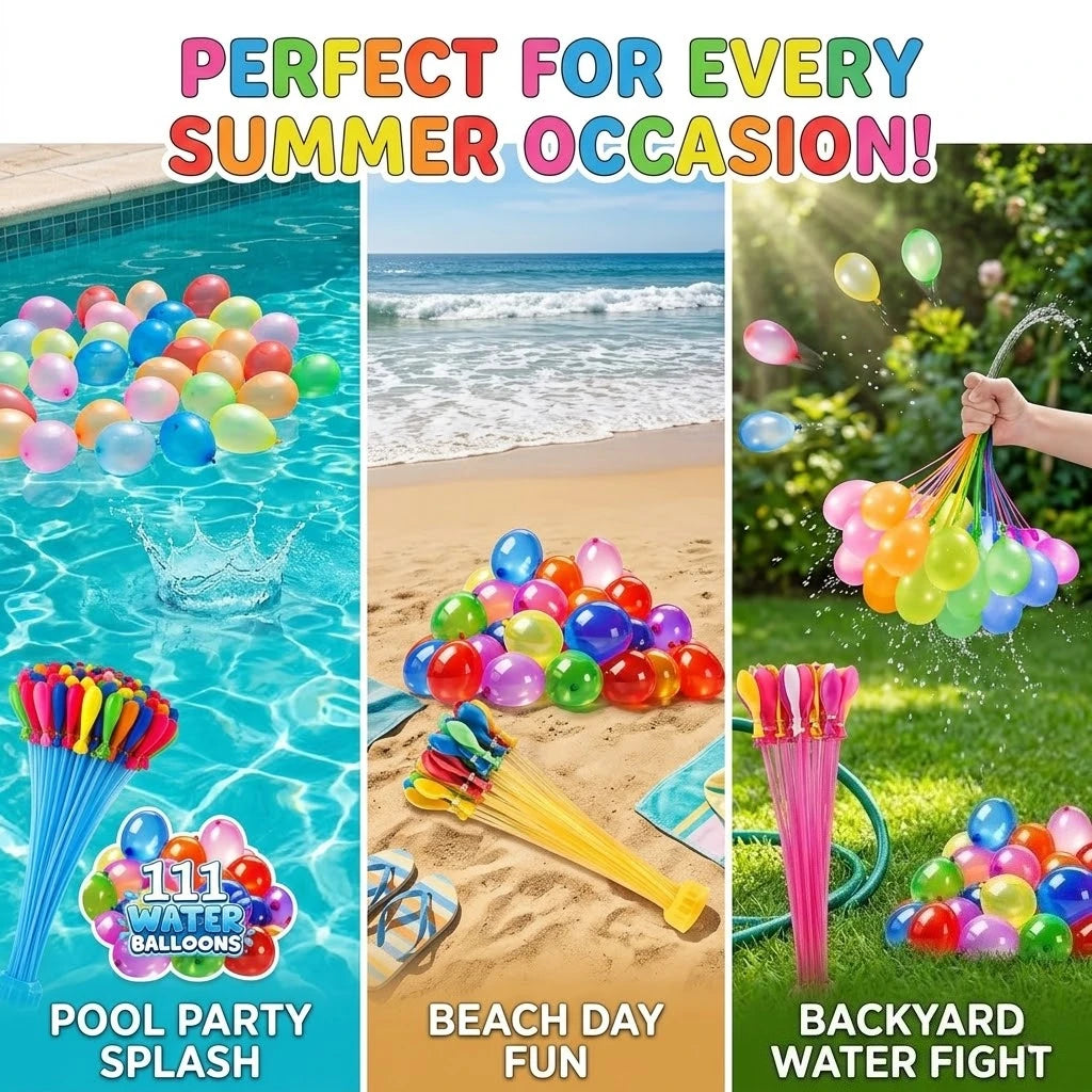 A collection of colorful water balloons and a water gun are shown for summer outdoor fun.