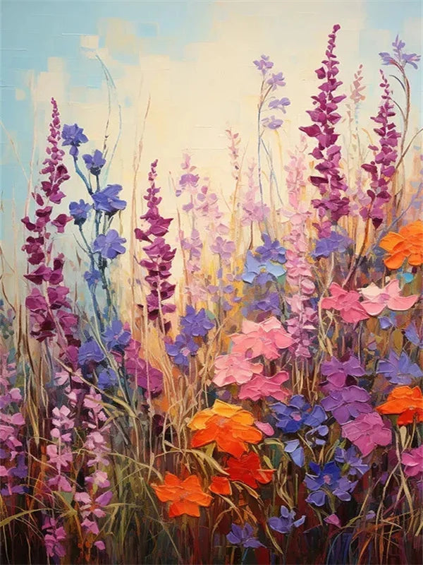 Diamond painting of a vibrant lavender flower field with purple, pink, and blue blooms.