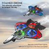 A black foam drone fighter with red and blue accents and glowing LED lights flying against a cloudy sky.