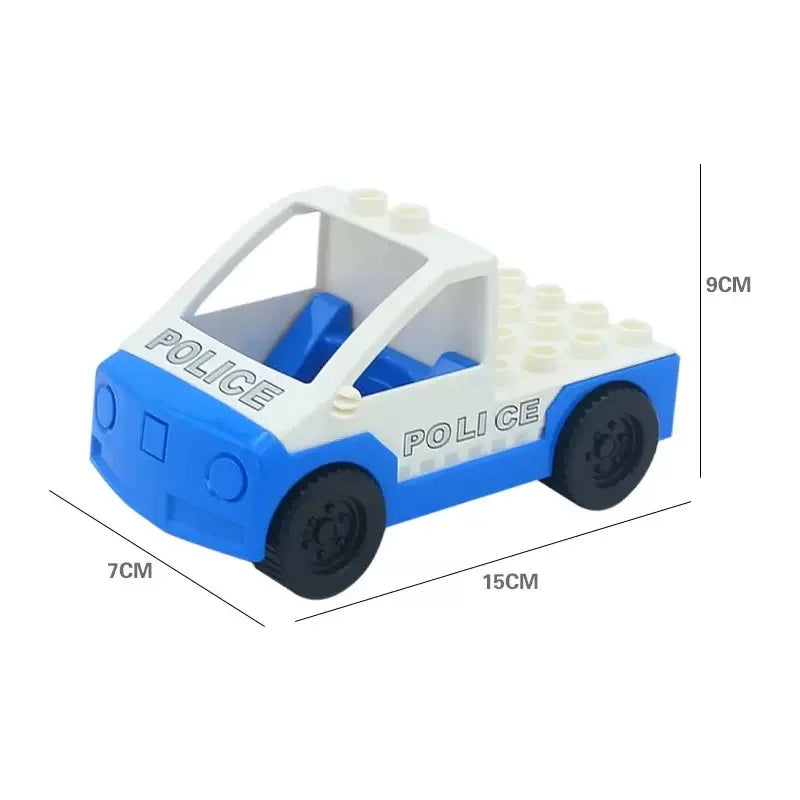 A white and blue city traffic vehicle building block set resembling a police car.