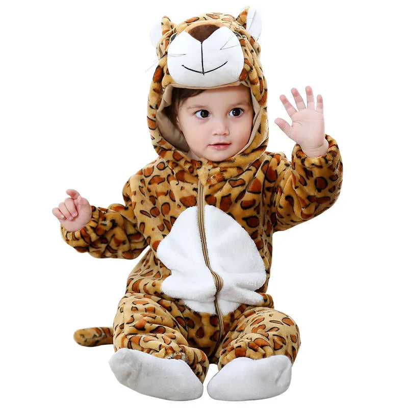 Adorable animal hooded romper for baby with a leopard print design and white trim
