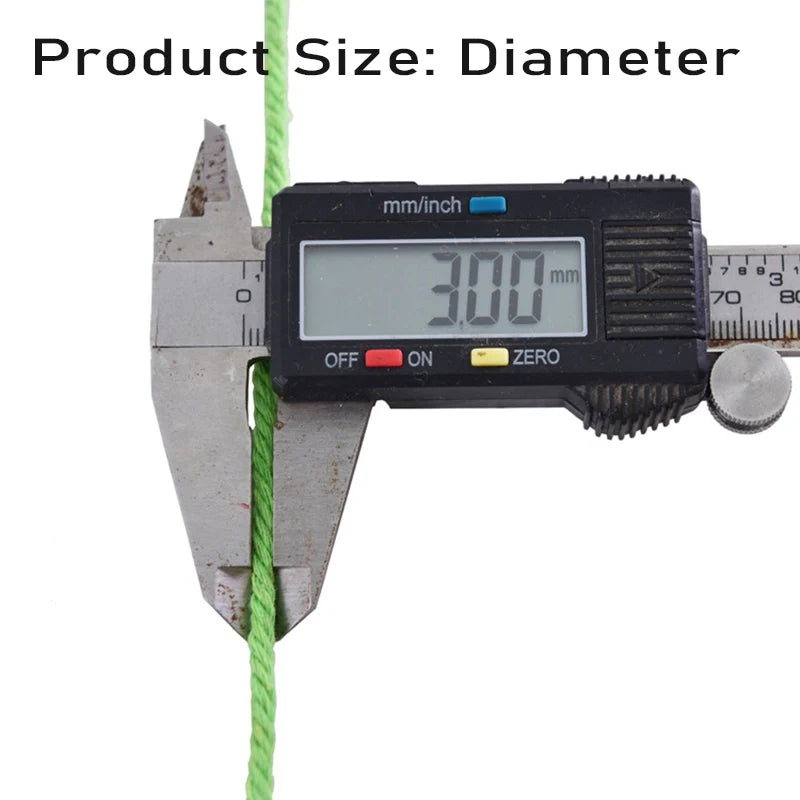 A digital caliper measures the diameter of a green macrame cord, displaying 3.00 mm.