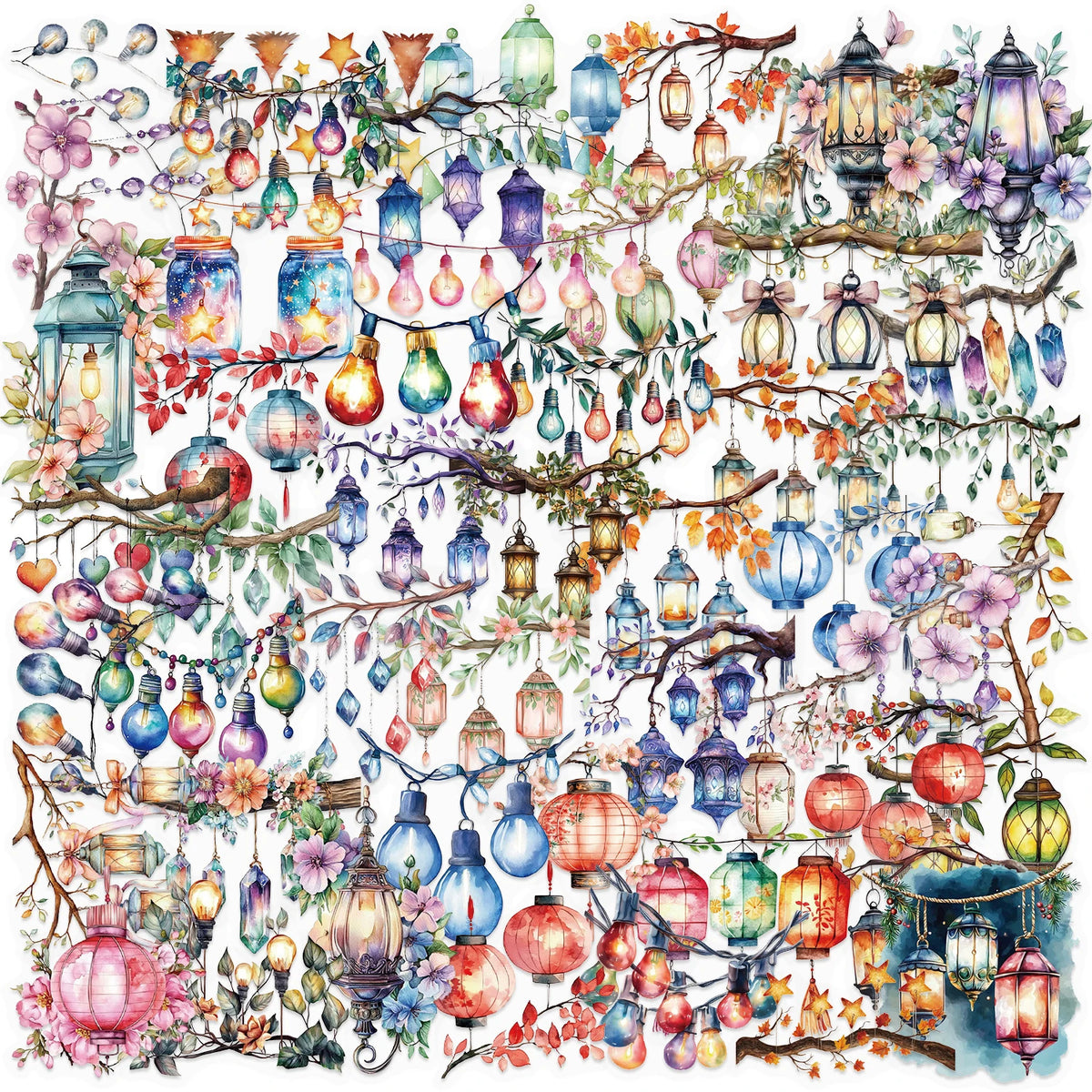 A vibrant illustration of various hanging lanterns in shades of pink, blue, green, and orange.