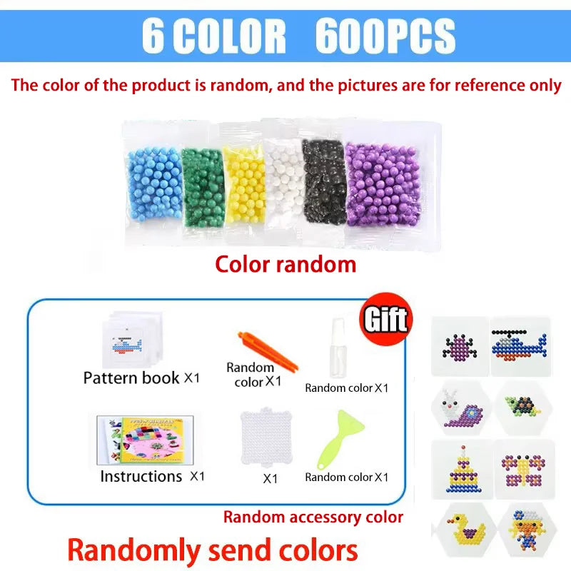 A clear plastic package containing six different colored water beads for a DIY craft kit