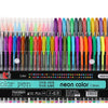 A set of metallic glitter gel pens in various colors and finishes displayed in a row.