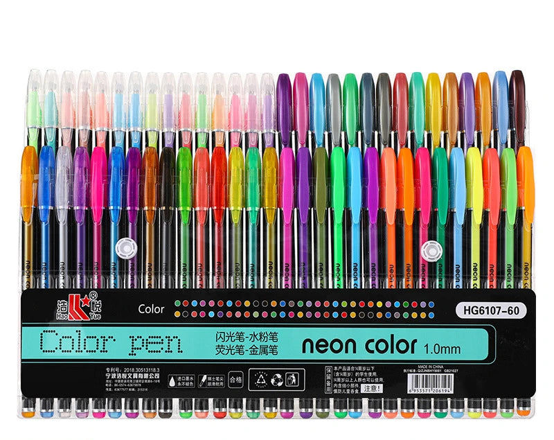 A set of metallic glitter gel pens in various colors and finishes displayed in a row.