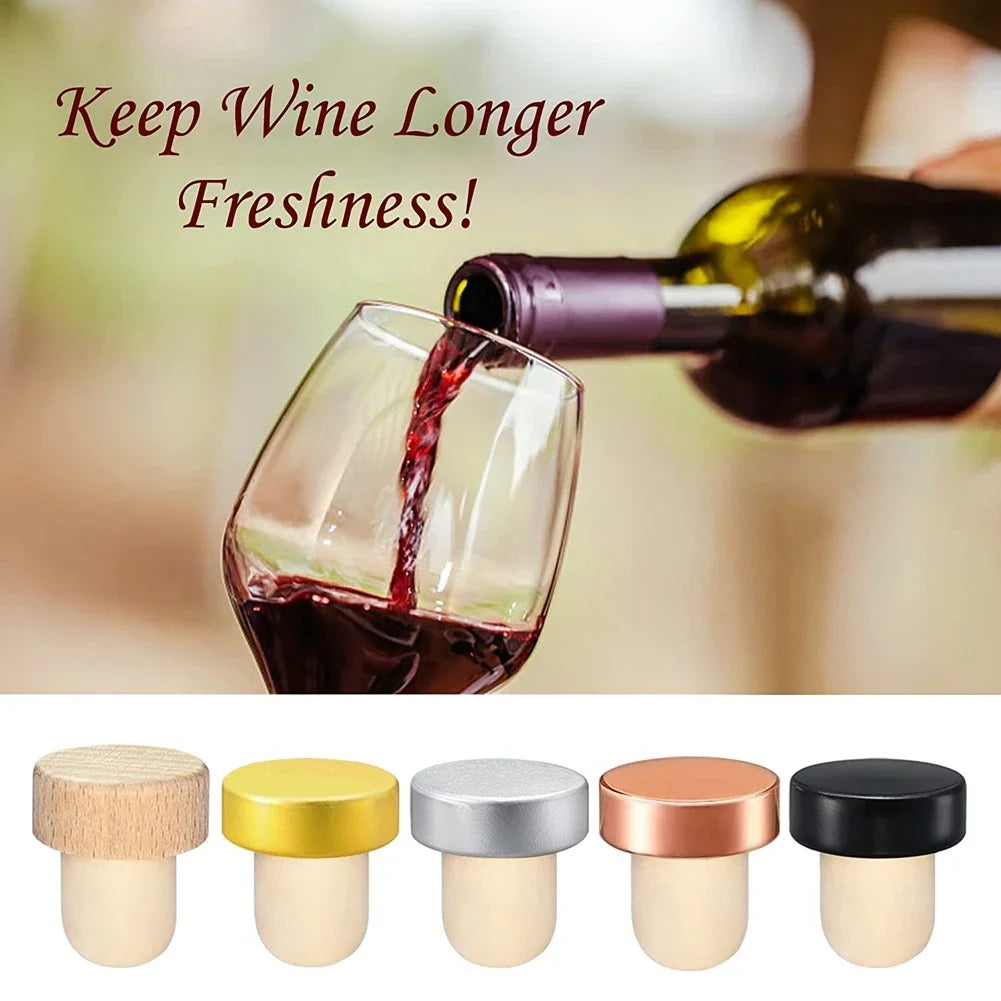 A set of ten reusable T-shaped wine bottle stoppers in various wood and metal colors.