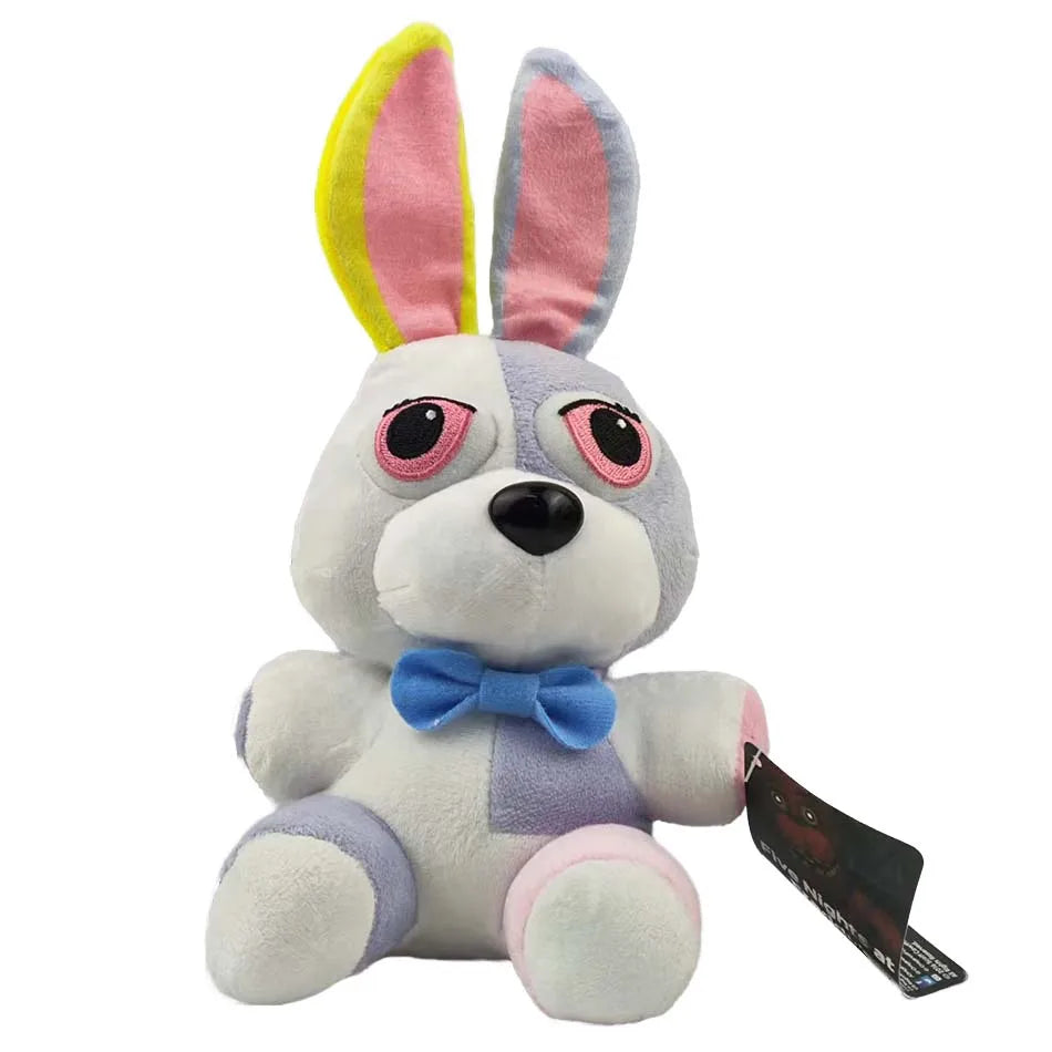 A plush toy of a rabbit character with pink and yellow ears and white fur.