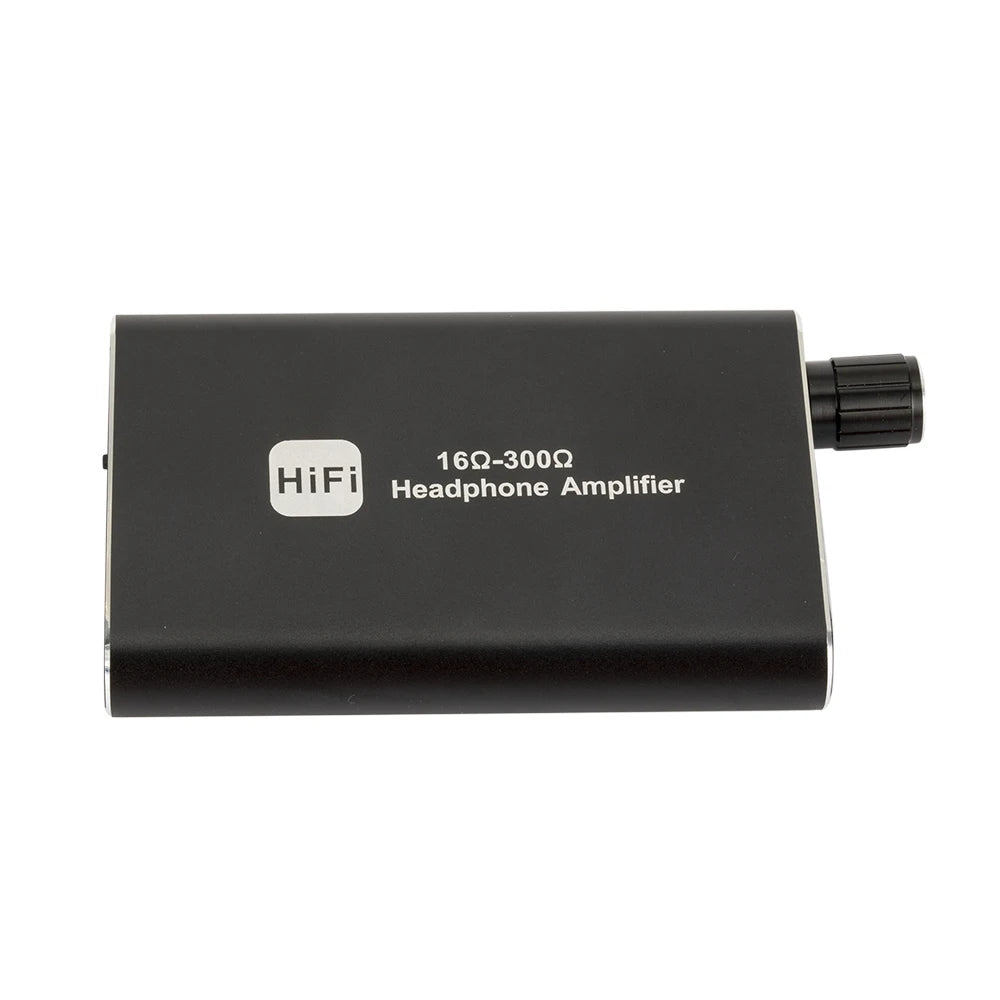 Black portable HiFi headphone amplifier with a cylindrical output jack.