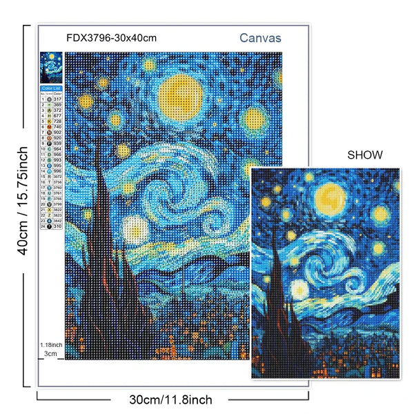 Kit de pintura de diamantes con lienzo de La noche estrellada de Van Gogh en tonos azules y amarillos.