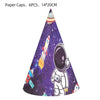 A paper cone shaped party décor featuring an outer space astronaut design with a rocket and helmet.