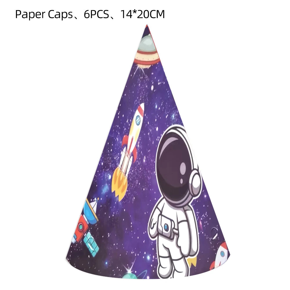 A paper cone shaped party décor featuring an outer space astronaut design with a rocket and helmet.