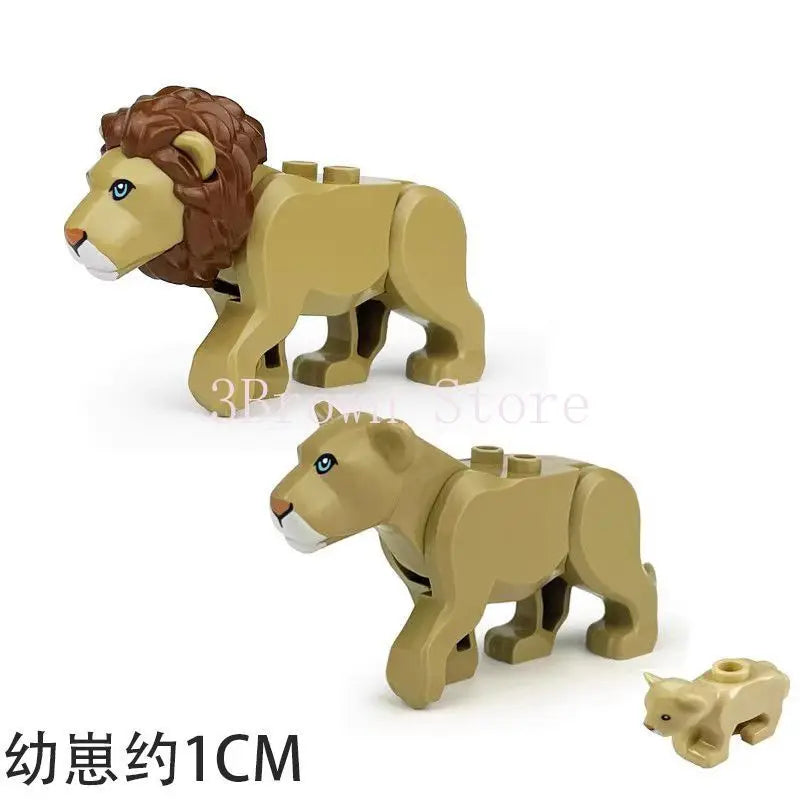 A set of three lion-themed building blocks, including a large lion, a smaller lion, and a partial piece.