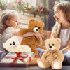 Three girls smiling while holding or looking at various plush teddy bears.