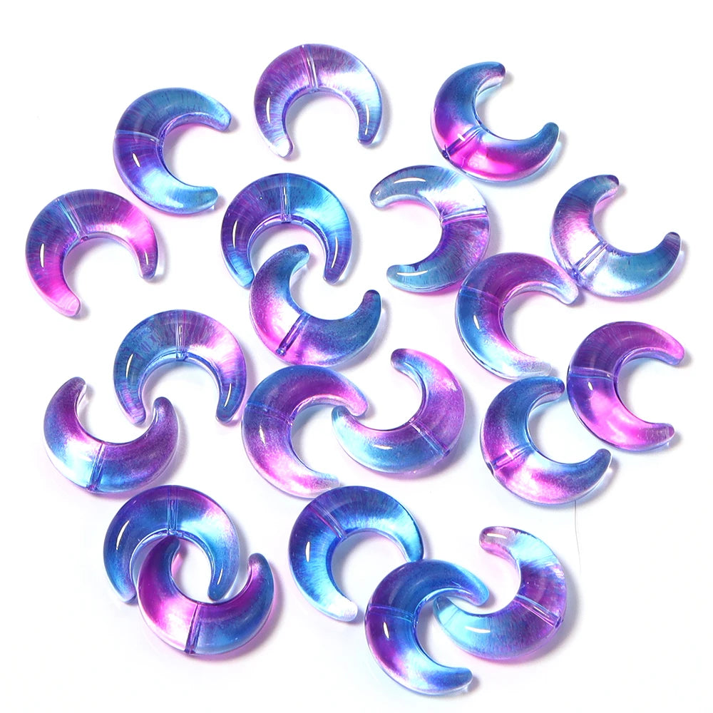 A collection of iridescent purple and blue moon-shaped glass beads for DIY jewelry making