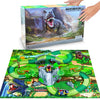 A box of a Dinosaur Race Car Track Set featuring a detailed landscape and dinosaur figures.