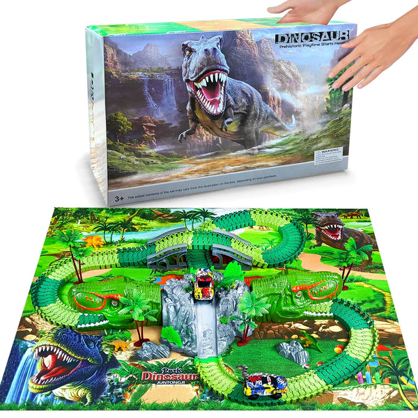 Eine Schachtel mit einem Dinosaurier-Rennauto-Set, das eine detaillierte Landschaft und Dinosaurierfiguren zeigt