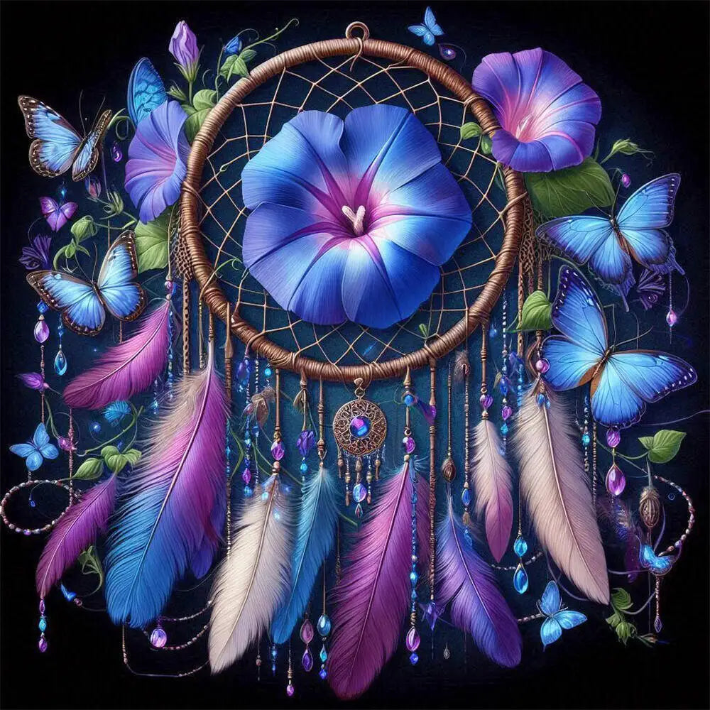 A detailed painting featuring a blue flower surrounded by feathers, butterflies, and gold wirework.