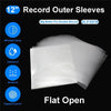 A stack of clear, flat, self-adhesive vinyl record outer sleeves is shown against a black background.