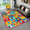 A colorful alphabet cartoon rug featuring letters and animals for a kids playroom or nursery.