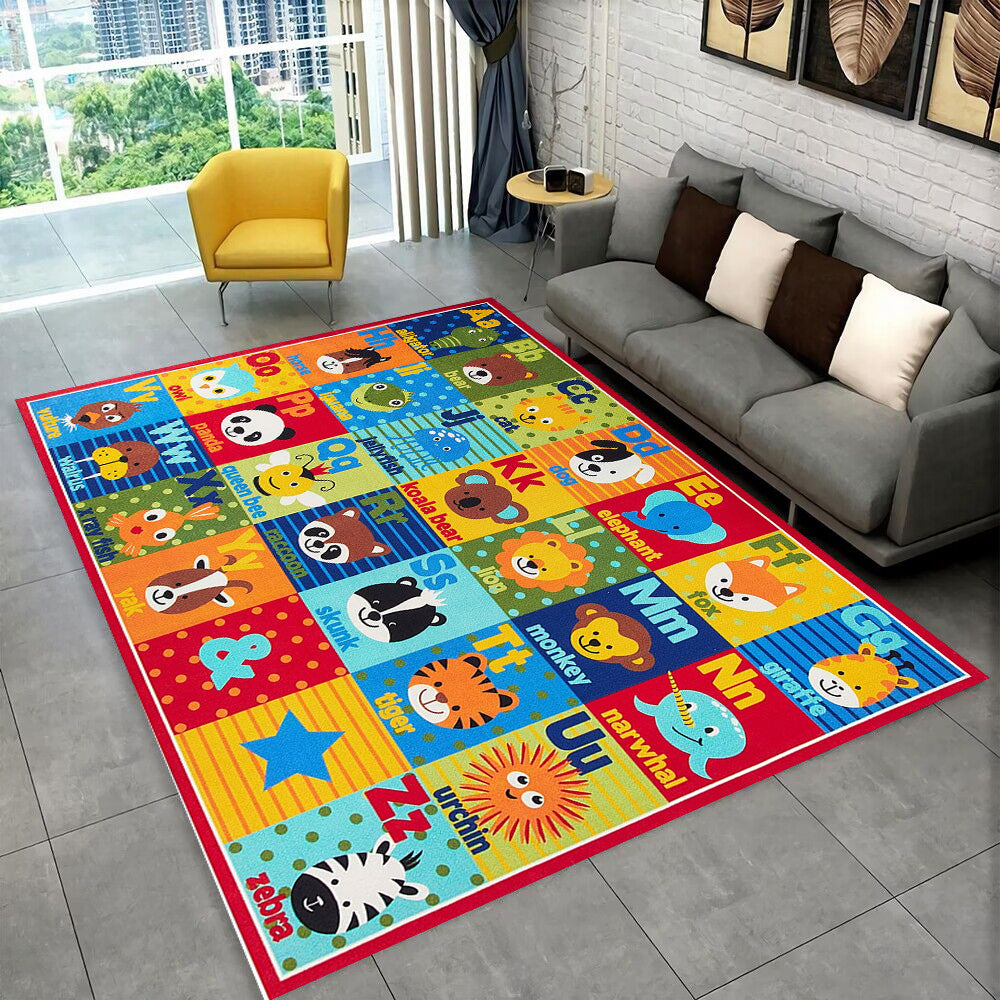 A colorful alphabet cartoon rug featuring letters and animals for a kids playroom or nursery.