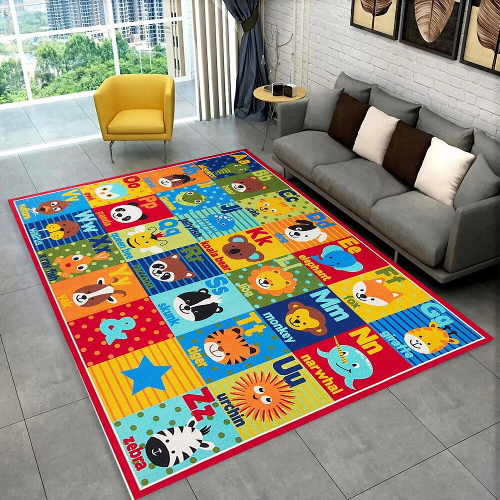A colorful alphabet cartoon rug featuring various animal characters and letters for a kids playroom.
