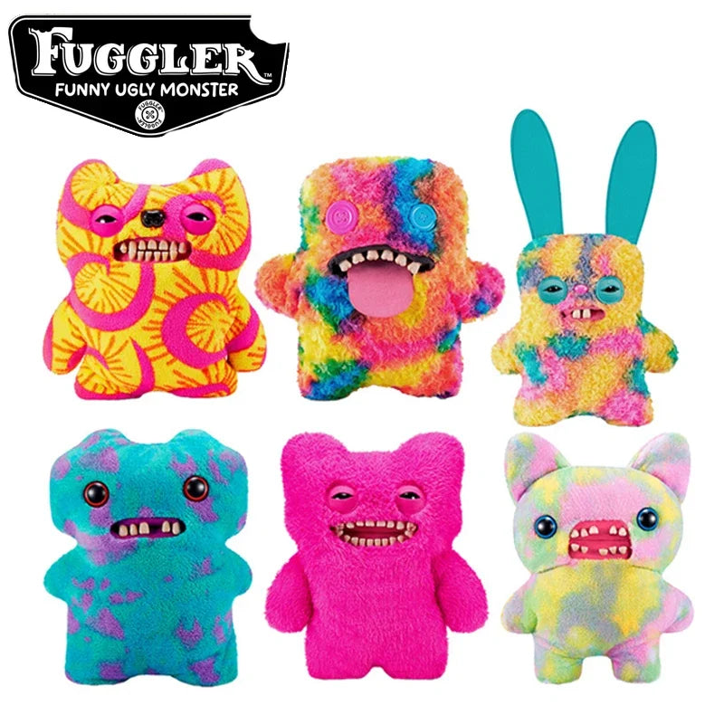 A collection of colorful Fuggler plush monster toys featuring funny grins and various textures.