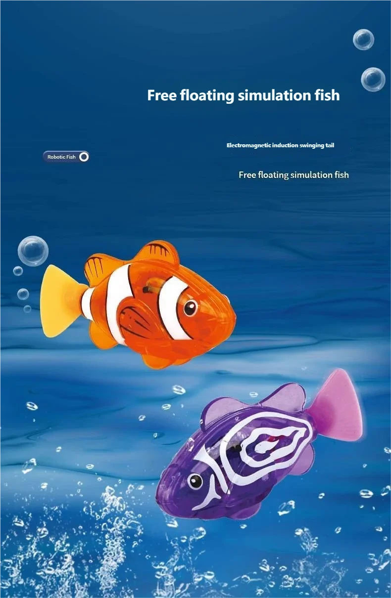 An orange and white plastic simulation fish is shown swimming in blue water.