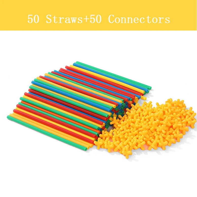 A collection of 50 colored straws and 50 connectors laid out in a fan shape.