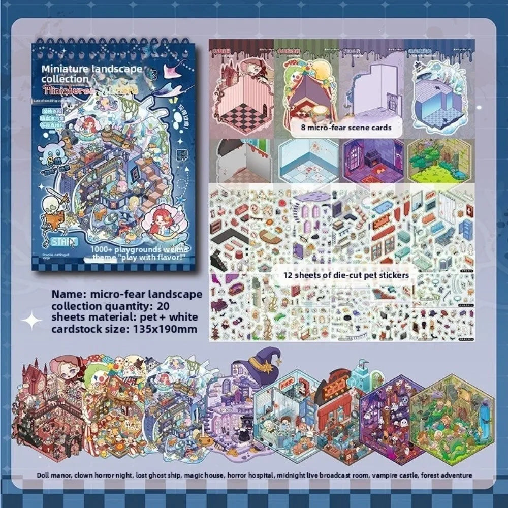 A collection of 20 sheets of die-cut pet stickers featuring miniature landscape scenes and spooky themes