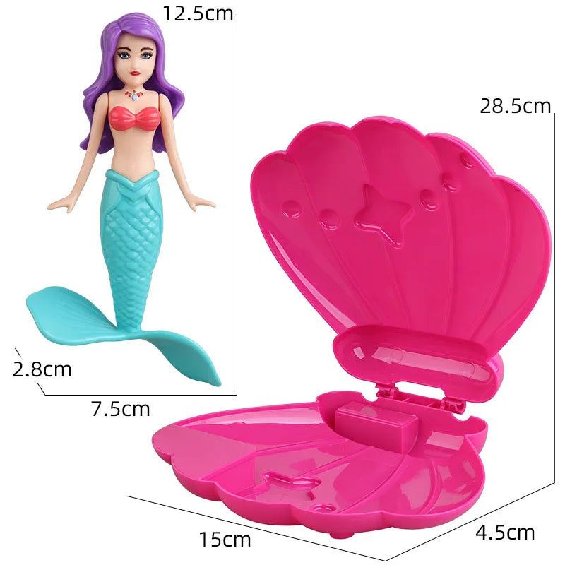 A pink mermaid bath toy featuring a purple mermaid figure and a large, fluted pink shell.