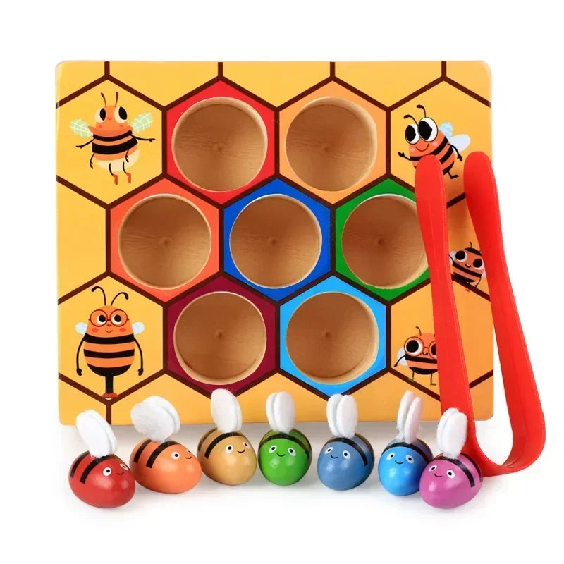 A wooden hexagonal game featuring bee-shaped clips and various colored beads for fine motor skill development.