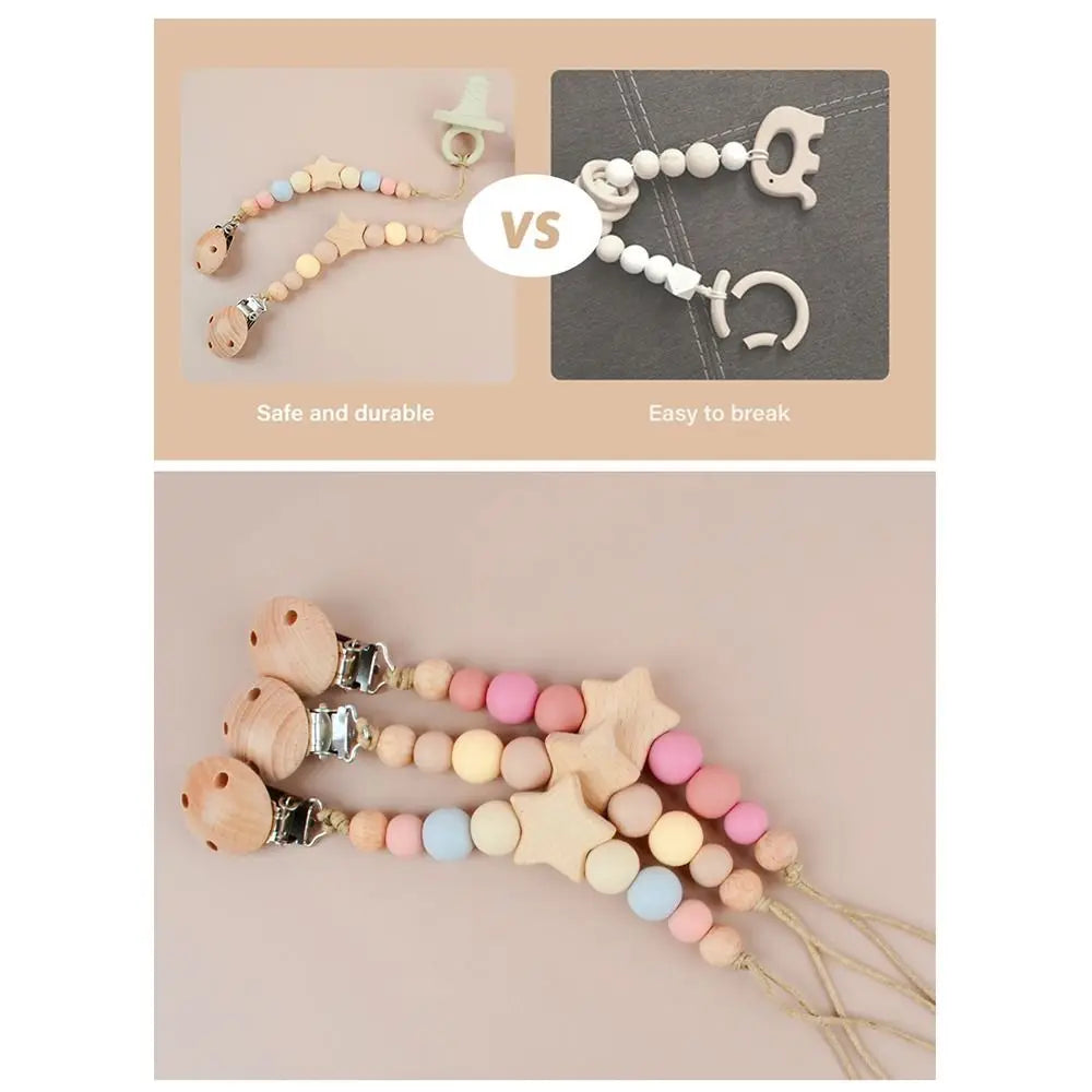 Comparison showing a safe and durable star wood baby pacifier clip versus an easy to break version.