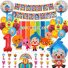 A collection of colorful balloon party decorations featuring circus clowns and birthday banners for children.