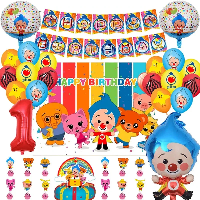 A collection of colorful balloon party decorations featuring circus clowns and birthday banners for children.