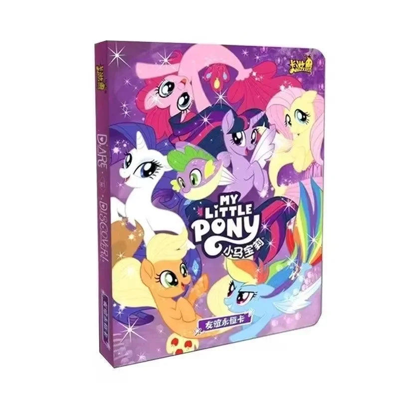 A box of My Little Pony Friendship Is Forever Shining Moon collectible cards featuring various pony characters.