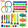 A collection of colorful diving toys including rings, rods, and fish for swimming pool games