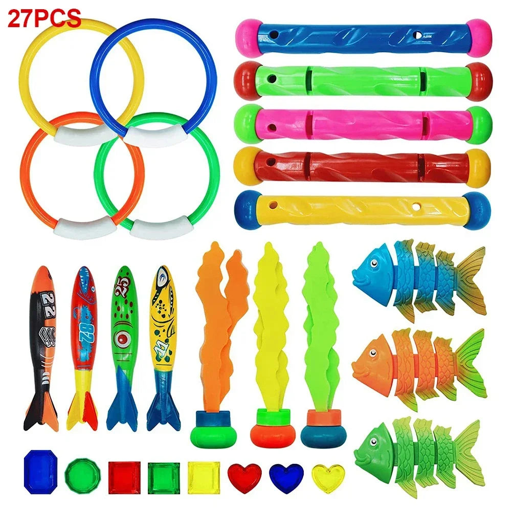 A collection of colorful diving toys including rings, rods, and fish for swimming pool games