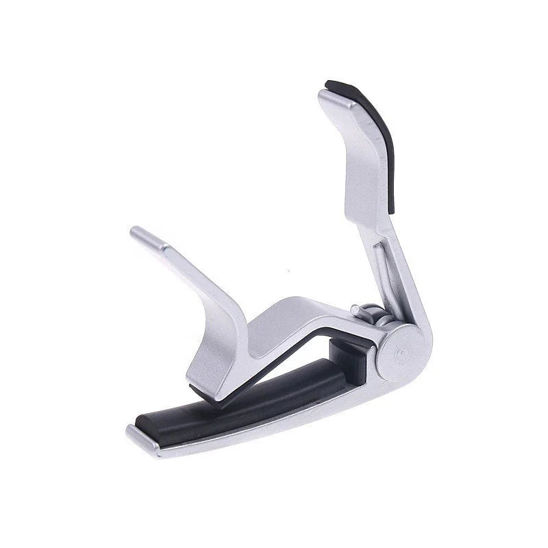 Silver aluminium alloy quick-release guitar capo with a black grip