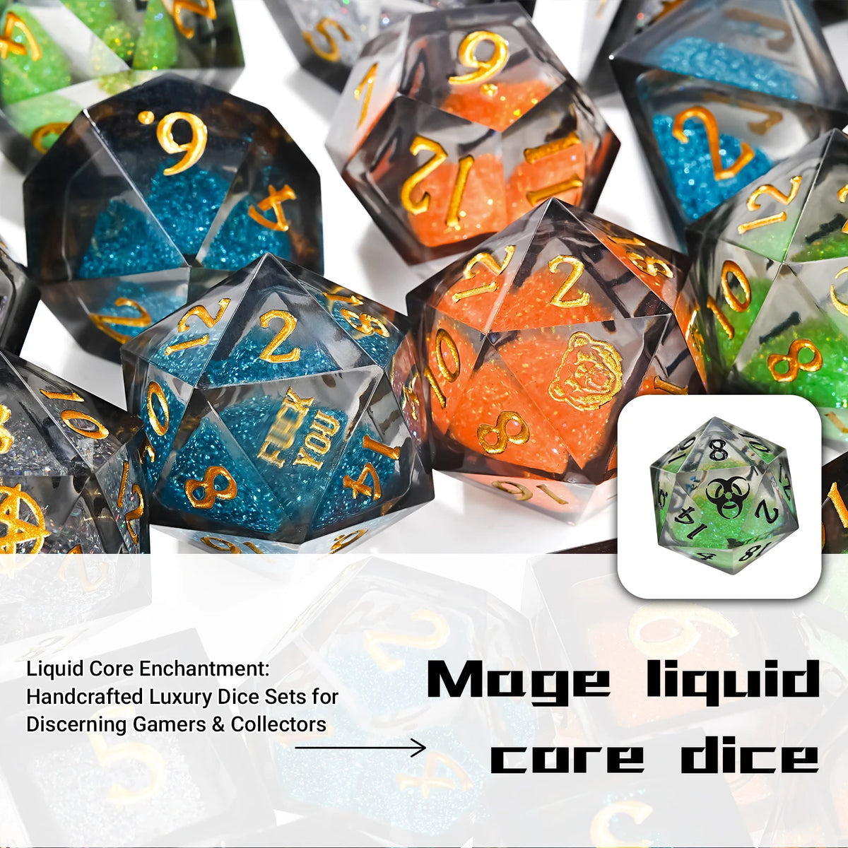 A collection of liquid core resin polyhedral dice in various colors and shapes for tabletop gaming.