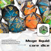 A collection of liquid core resin polyhedral dice in various colors and shapes for tabletop gaming.