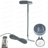 A black clip-on condenser microphone with a gooseneck and cable, shown next to its connector.