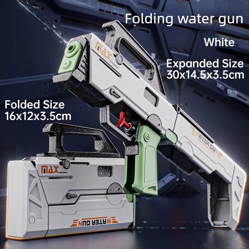 A white folding water gun is shown in both folded and expanded sizes on a dark surface.