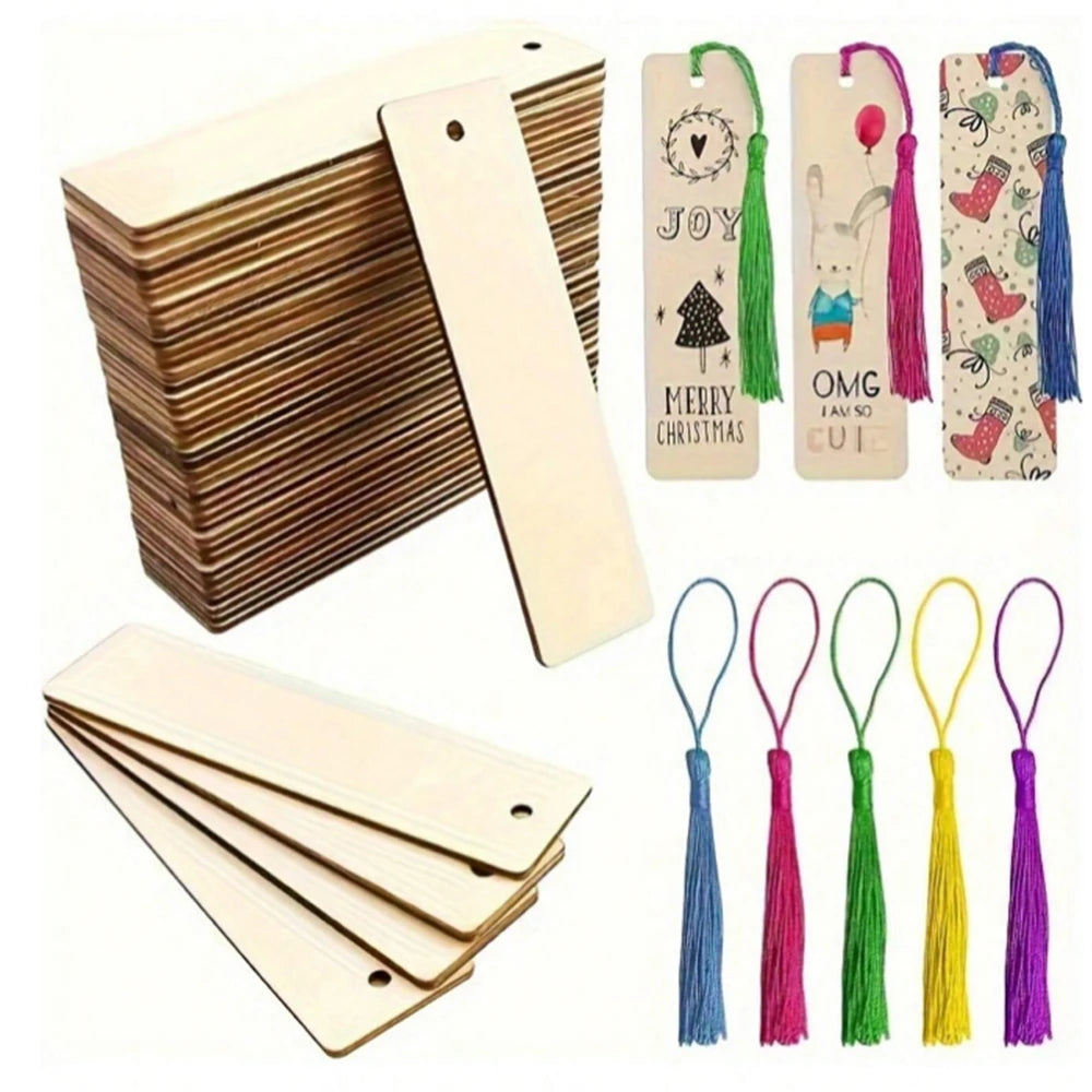 A set of wooden blank bookmarks with tassels featuring various holiday and inspirational designs.