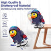Two purple space duck toys are shown on a wooden table, demonstrating durable and shatterproof material.