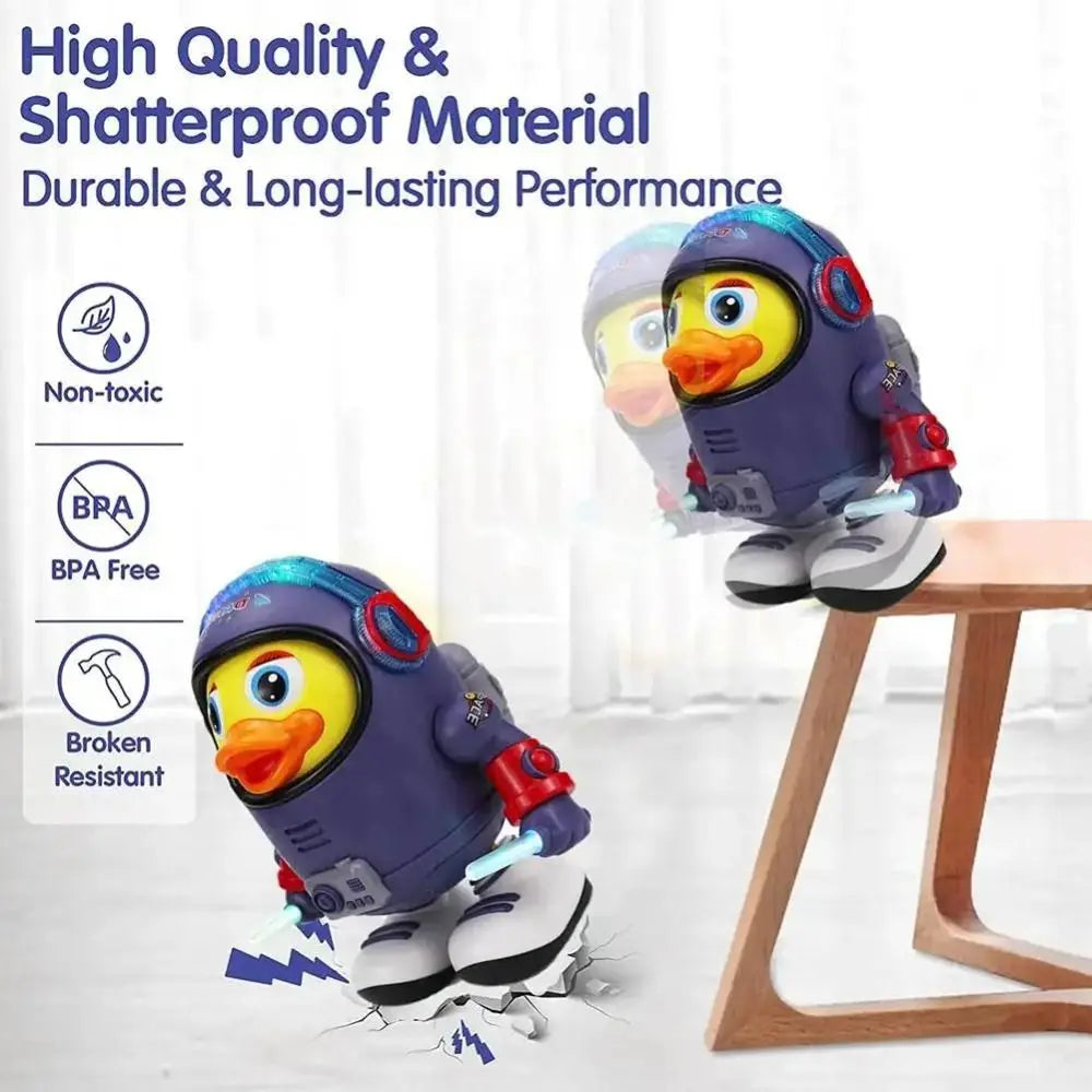 Two purple space duck toys are shown on a wooden table, demonstrating durable and shatterproof material.