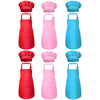 A set of pink and red chef aprons and hats for kids, displayed vertically.