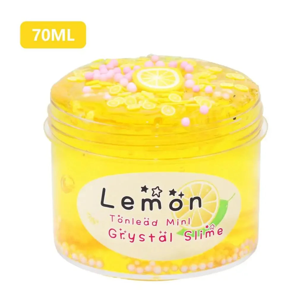 A yellow jar of Lemon Crystal Slime putty with small pink and yellow glitter inside.