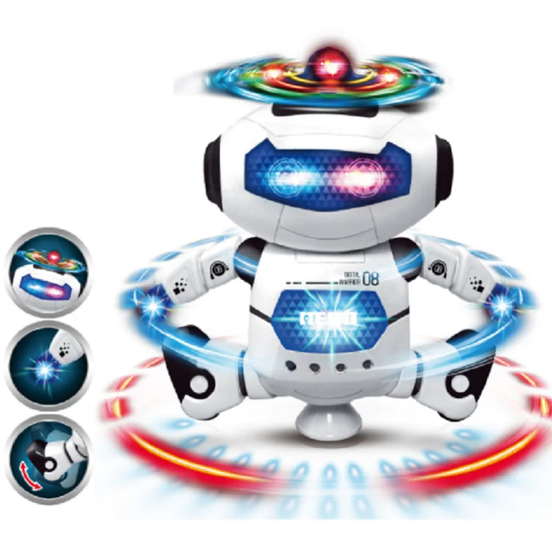 A white robot spinning with lights and music, shown from the front view.