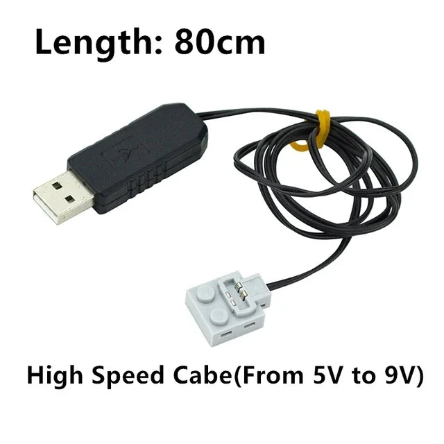 A black cable with a USB connector and a wire leads to a small electronic component.